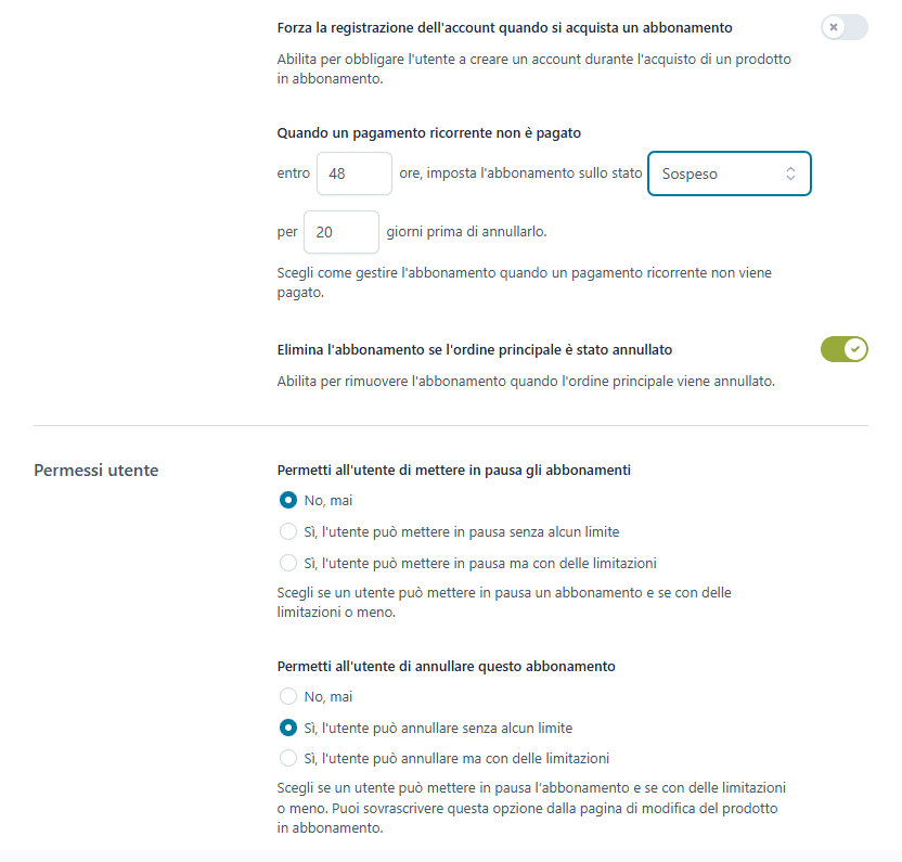 Impostazioni Premium Abbonamento Woocommerce Subscription Pro