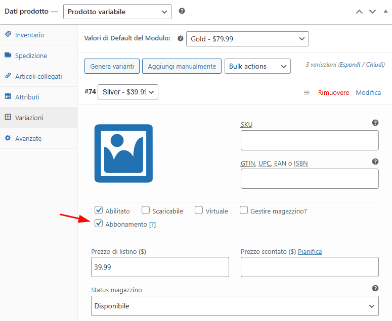 Impostazioni Varianti Abbonamento Yith Woocommerce Subscription