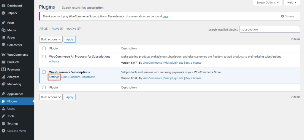 Impostazioni Woocommerce Subscriptions