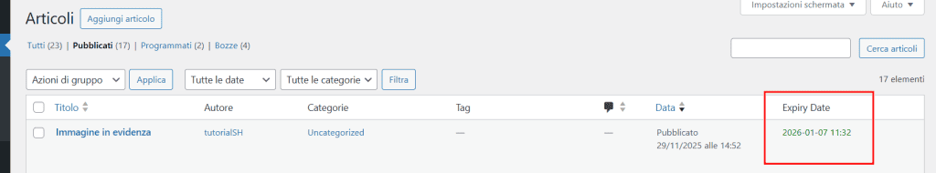 Lista Articoli Scadenza WordPress Plugin Auto Post Expire