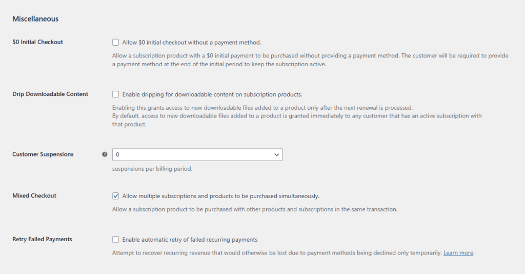 Opzioni Varie Woocommerce Subscriptions