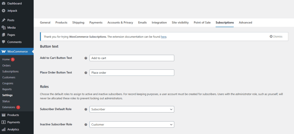 Schermata Impostazioni Woocommerce Subscriptions