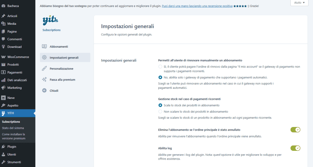 Yith Woocommerce Subscription Impostazioni Generali