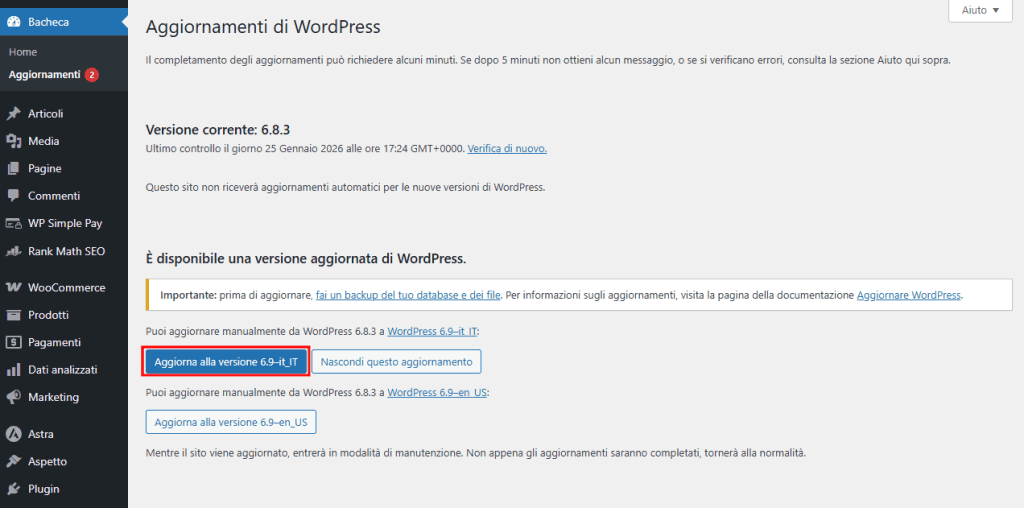 Aggiorna WordPress Ultima Versione
