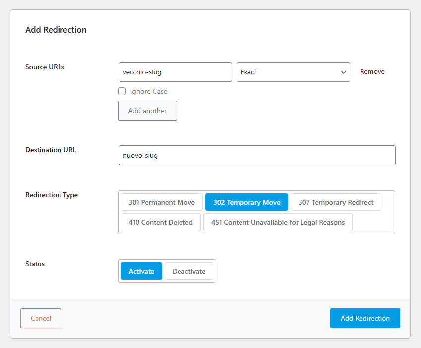 Aggiungere Redirect 302 