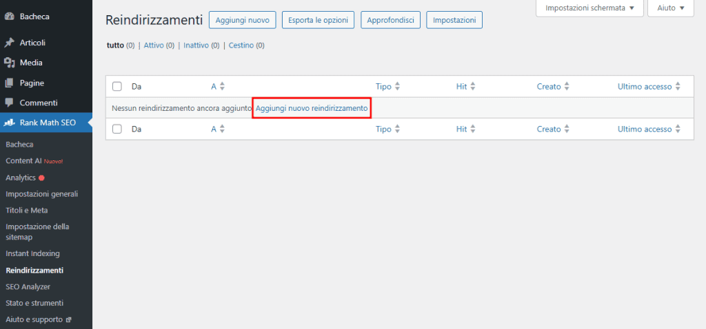 Aggiungere Reindirizzamenti Rank Math