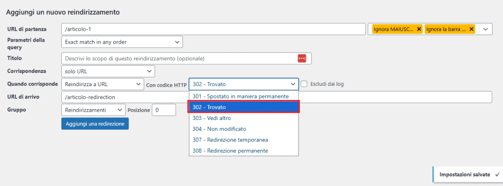 Aggiungi Redirect 302 Plugin Redirection