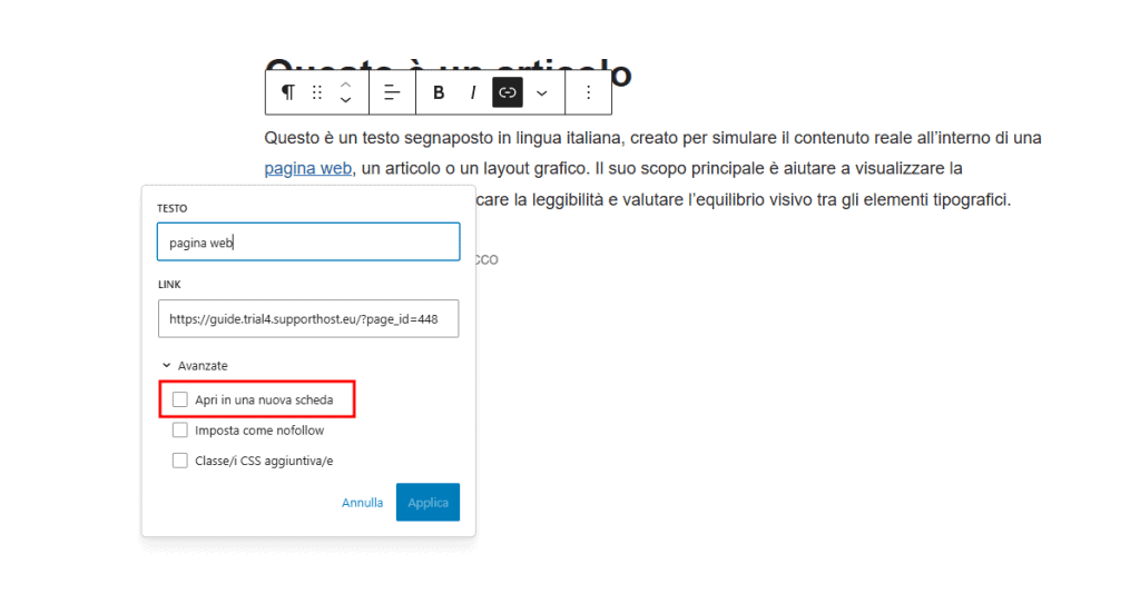 Apri In Una Nuova Scheda Link WordPress