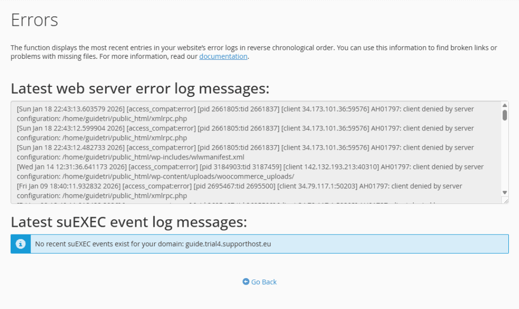 Cpanel Schermata Errors