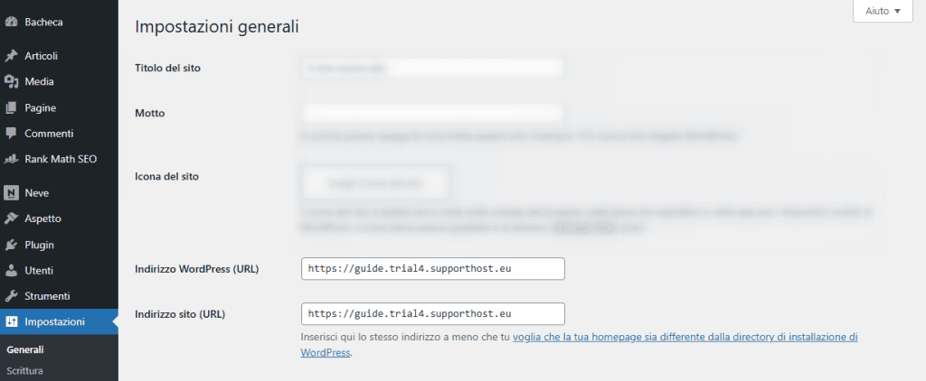 Impostazioni Generali Url WordPress