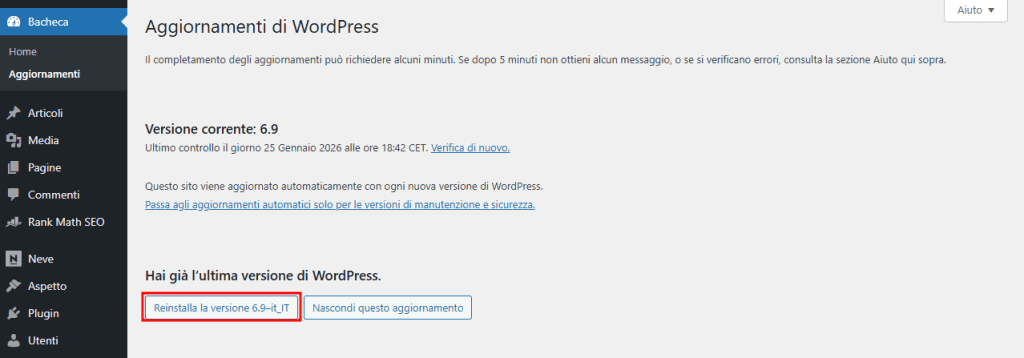 Reinstalla WordPress Ultima Versione