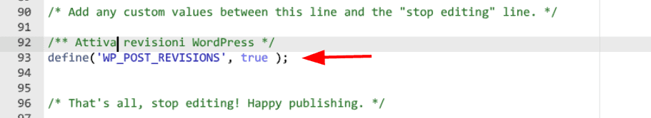 Attiva Revisioni WordPress Esempio File Wp Config