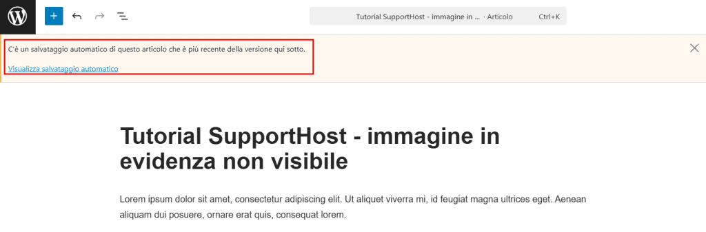 Avviso Salvataggio Automatico Revisioni WordPress Editor Gutenberg