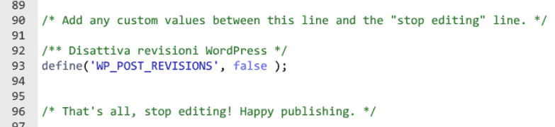 Disattiva Revisioni WordPress Esempio File Wp Config
