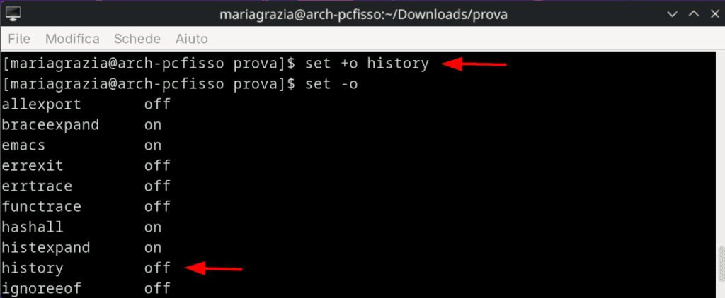 Disattivare History Linux