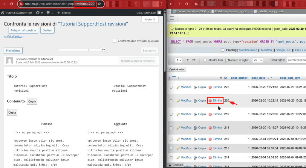 Eliminare Revisione WordPress Database Id