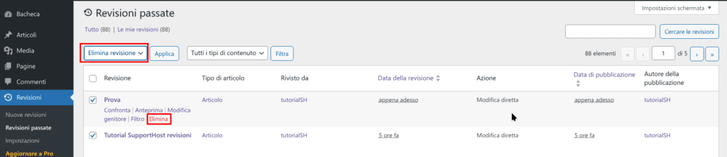 Eliminare Revisioni Publishpress Revisions Elenco
