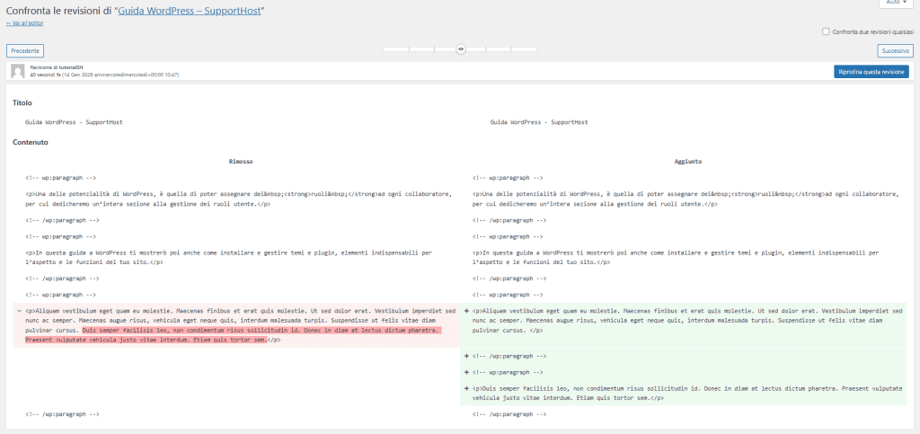 Esempio Revisione WordPress Rimozioni Aggiunte