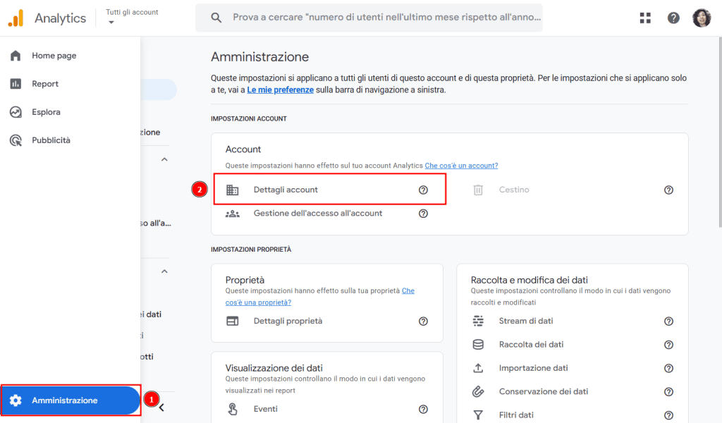 Google Analytics Impostazioni Account