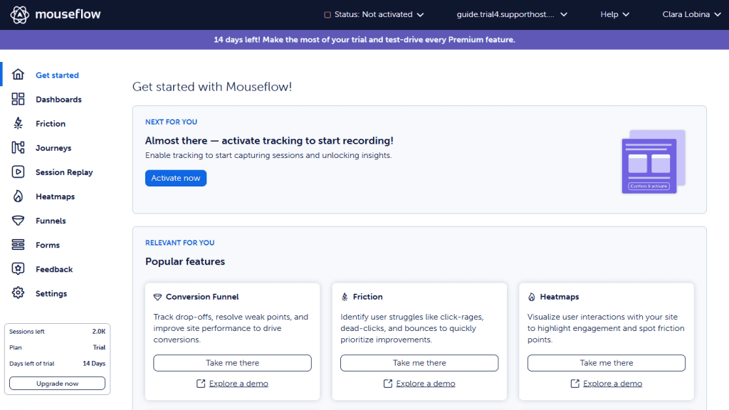Mouseflow Piattaforma Dashboard