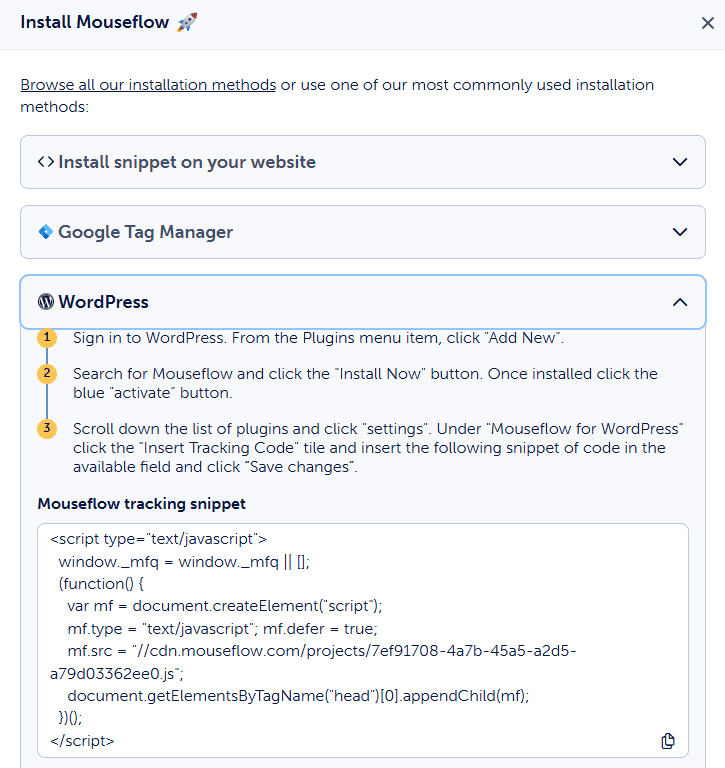 Mouseflow Plugin Script Configurazione