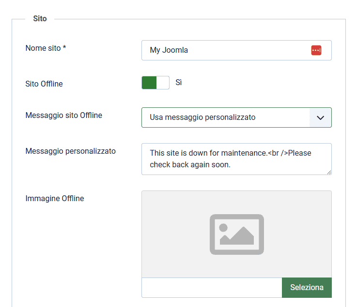 Pagina Manutenzione Joomla Impostazioni