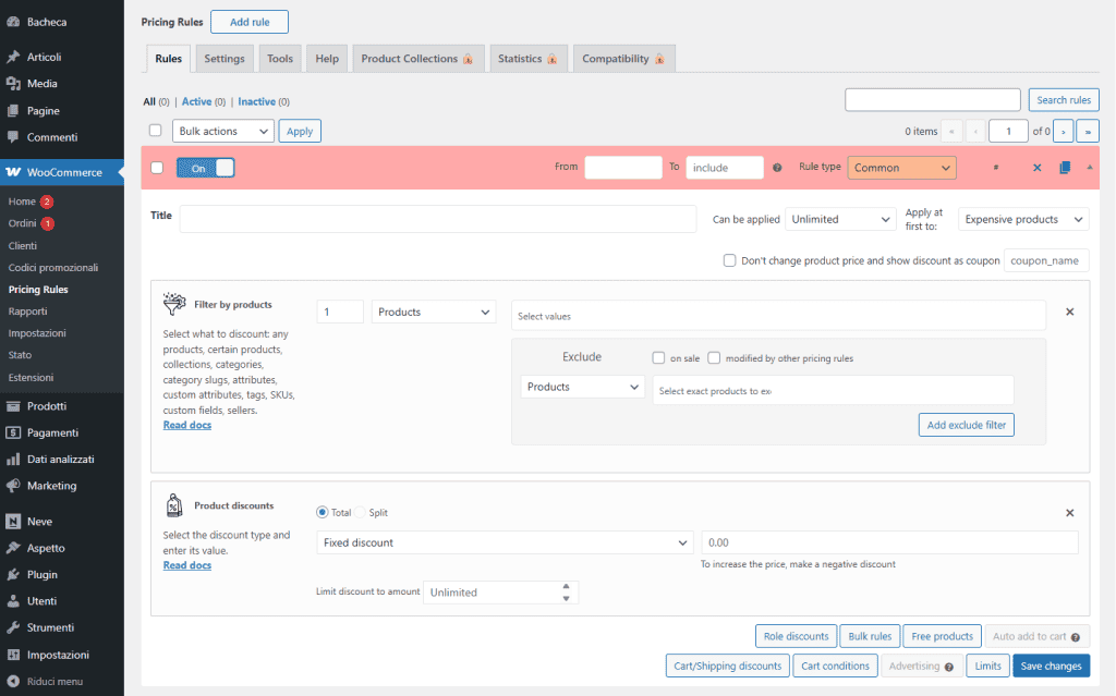 Advanced Dynamic Pricing Impostazioni Regola