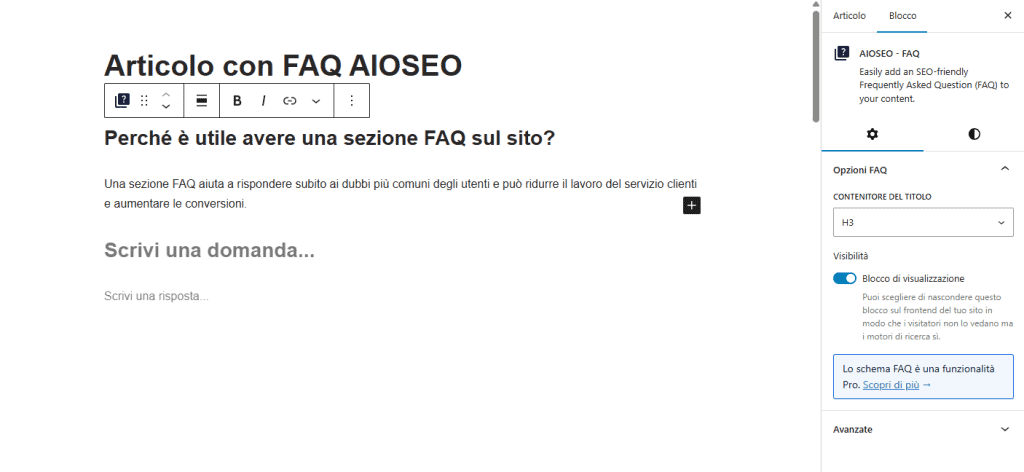 Aioseo Blocco Faq Impostazioni