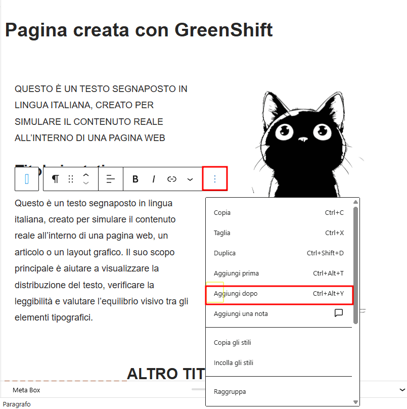 Greenshift Blocco Testo Aggiungere