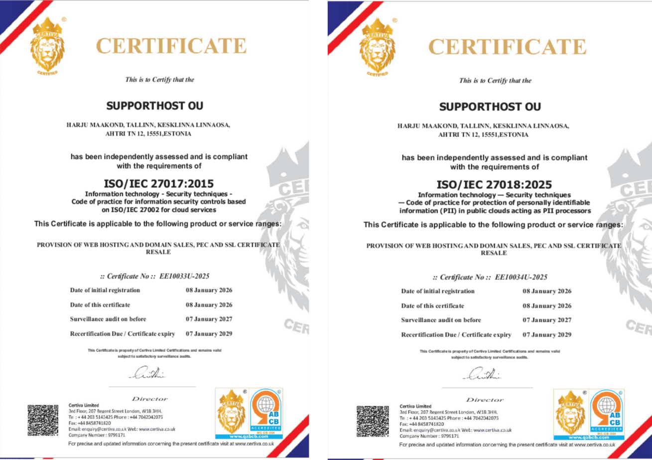 Iso 27017 Iso 27018 Supporthost Certificates