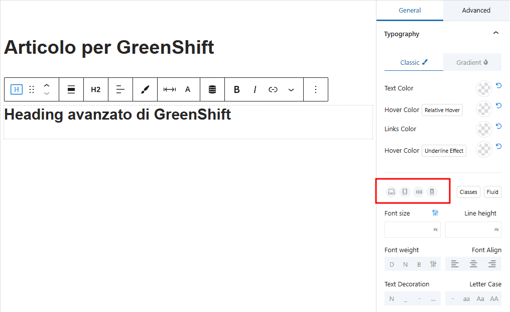 Responsive Greenshift Blocco H2