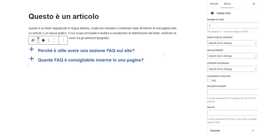 Ultimate Faq Impostazioni Blocco Faq Gutenberg