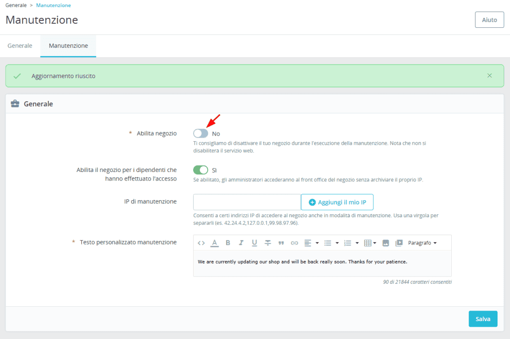 Attivare Modalita Manutenzione Prestashop