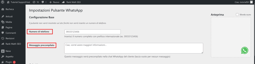 Customizable Simple Click2chat Button Impostazioni Base
