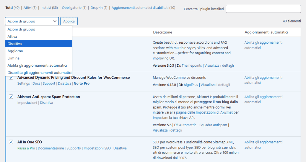Disattivare Plugin Azioni Gruppo WordPress