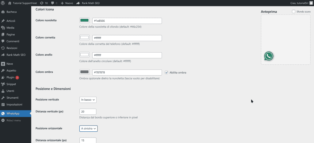 Impostazioni Customizable Simple Click2chat Button Colori Posizione