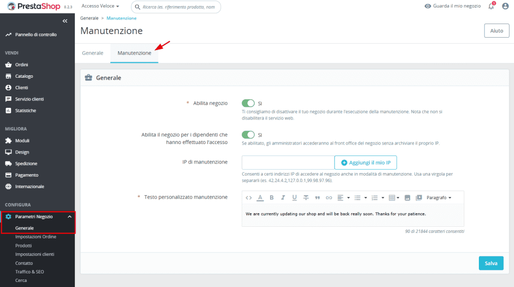 Prestashop Parametri Negozio Generale Manutenzione