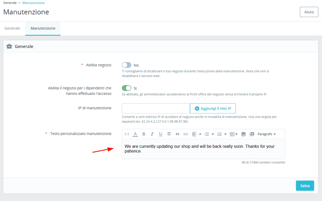 Testo Pagina Manutenzione Prestashop