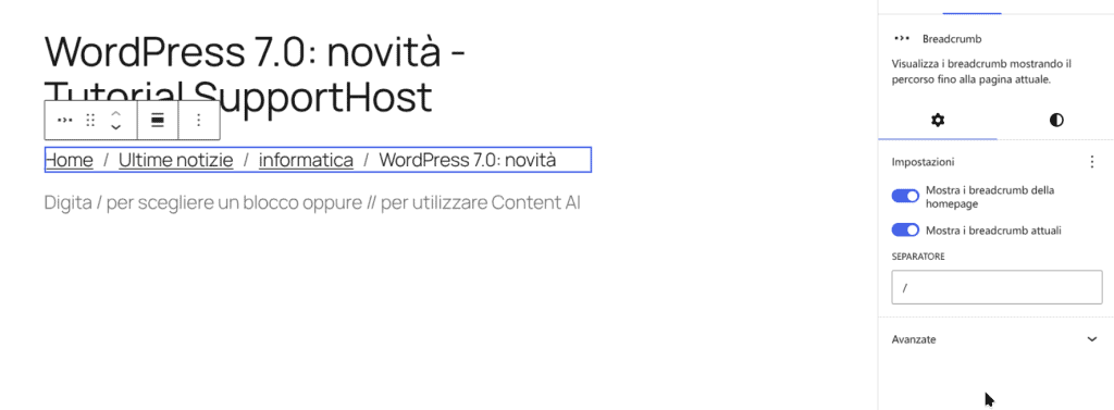 Blocco Breadcrumb WordPress 7