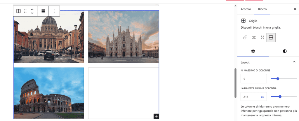 Blocco Griglia Layout WordPress 7