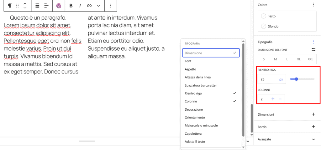 Blocco Paragrafo WordPress 7