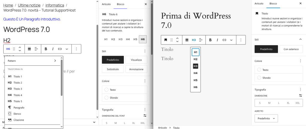 Blocco Titolo Prima E Dopo WordPress 7