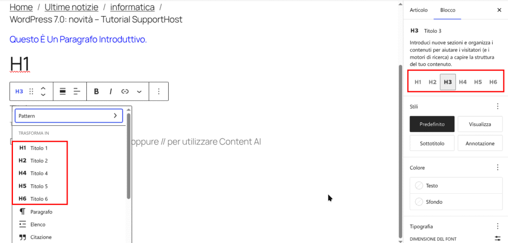 Blocco Titolo WordPress 7