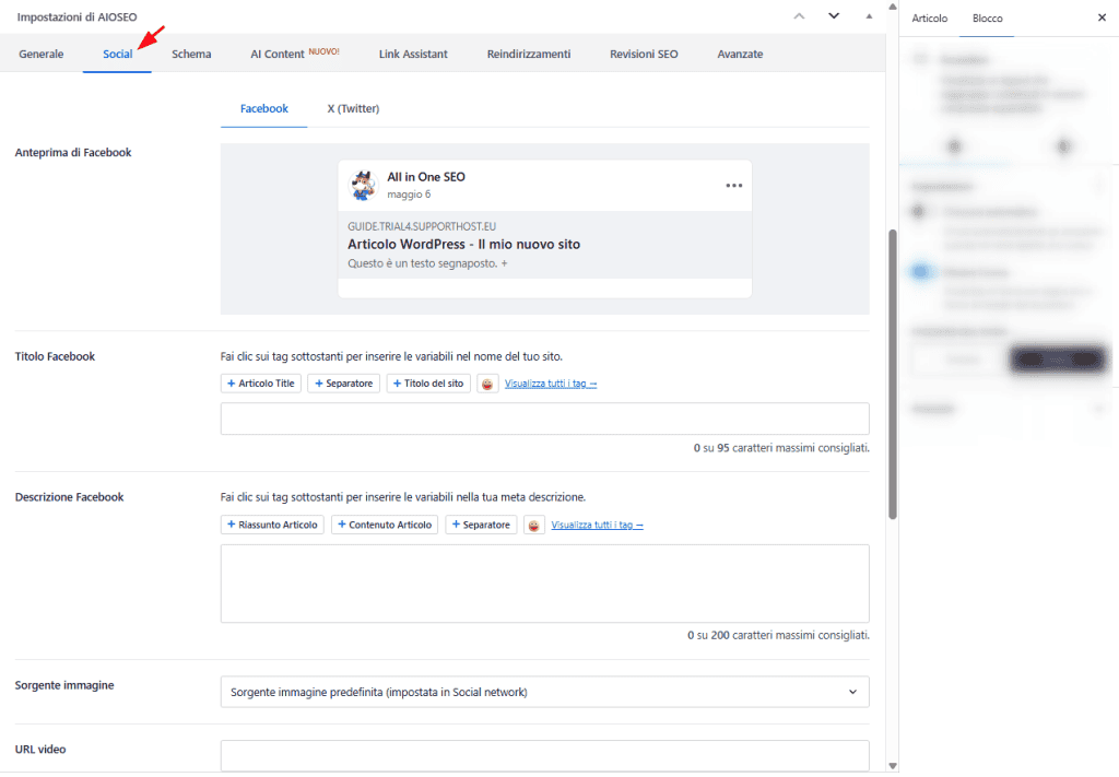 Impostazioni Aioseo Anteprima Facebook Url