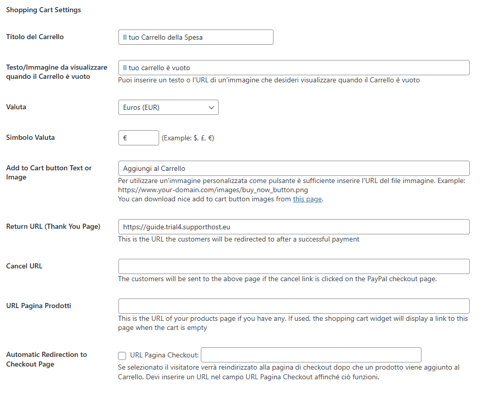 Impostazioni Carrello Paypal Simple Shopping Cart