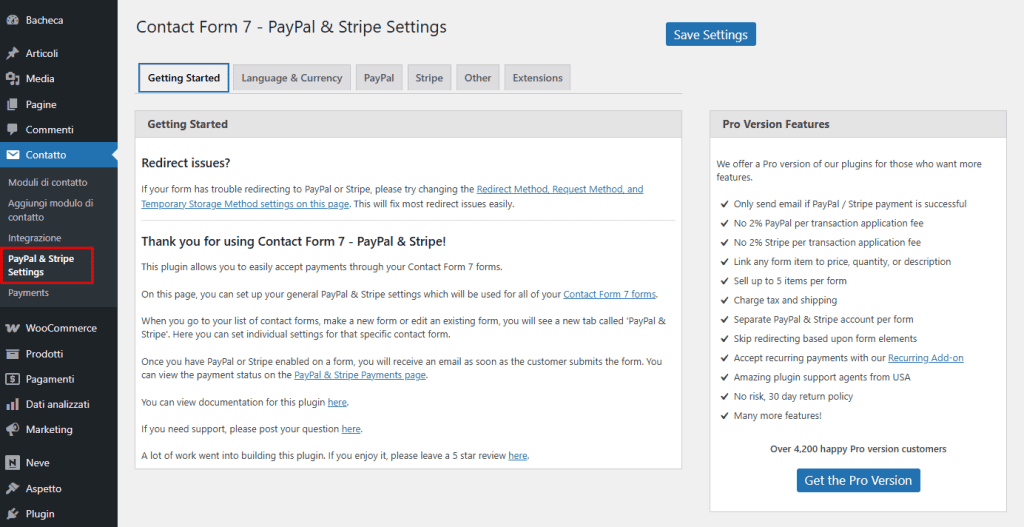 Impostazioni Contact Form 7 Paypal & Stripe Add On