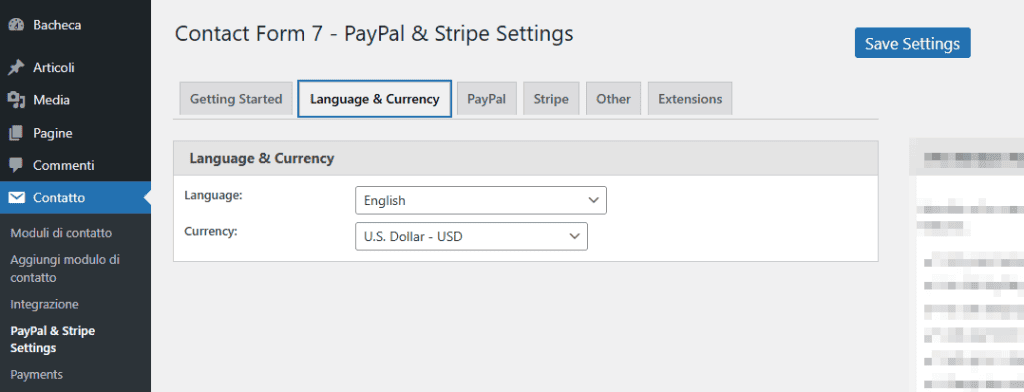 Impostazioni Lingua Valuta Contact Form 7 Paypal Stripe Add On