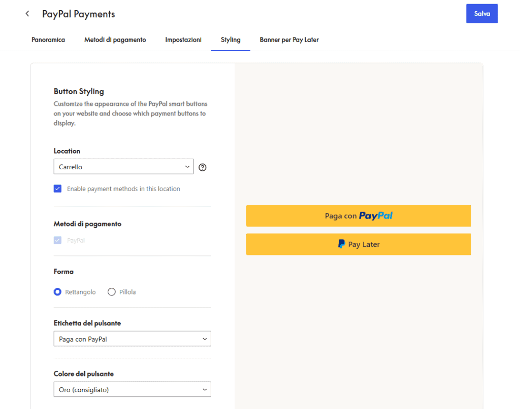 Impostazioni Pulsanti Paypal Styling