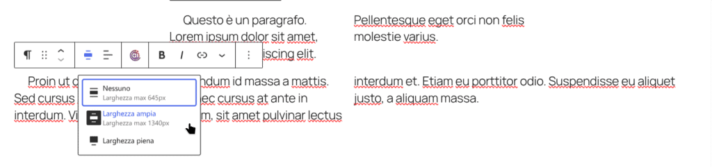 Opzioni Allineamento Paragrafo WordPress 7