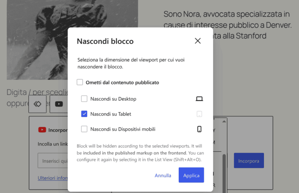 Opzioni Visibilita Blocchi WordPress 7